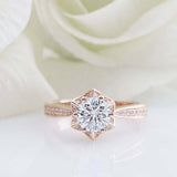 2ct Round Cut Diamond Floral Star Solitaire with Accents Ring 14k Rose Gold Over