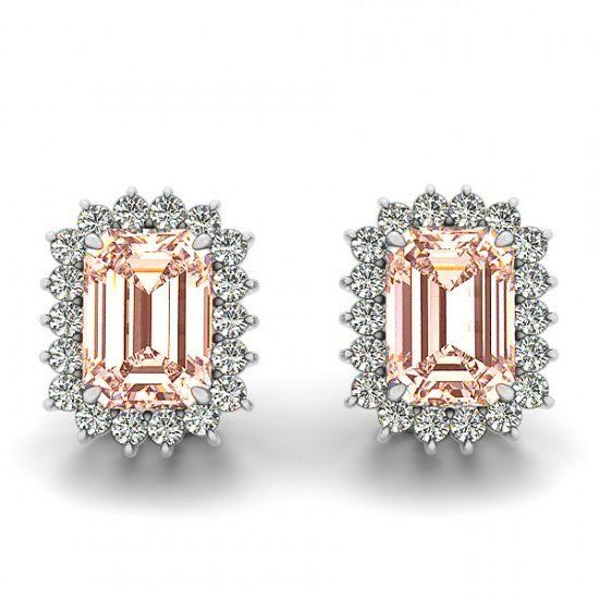 1.5ct Emerald Peach Morganite Diamond Halo Stud Earrings 14k White Gold Finish