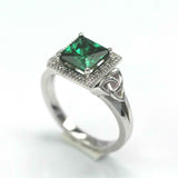 2.2ct Princess Cut Green Emerald Halo Celtic Trinity Ring 14k White Gold Finish