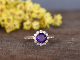 2ct Round Cut Purple Amethyst Engagement Ring Diamond Floral 14k RoseGold Finish