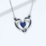 1Ct Heart Cut Blue Sapphire Dual Dolphin Love Gift Pendant 14K White Gold Finish