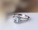 1.5ct Oval Blue Aquamarine Engagement Ring Split Shank Halo 14k White Gold Over