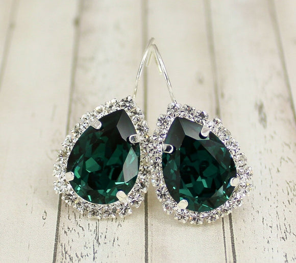 2ct Pear Cut Green Emerald Halo Women Dangle Drop Earrings 14k White Gold Finish