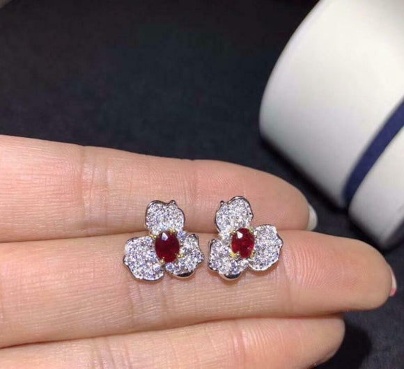 1.5ct Stud Earrings Oval Cut Pink Ruby Floral Design 14k White Gold Finish