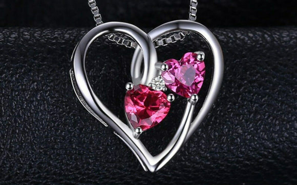 2ct Pink Ruby Pendant Heart Cut Two Hearts 14k White Gold Finish NO CHAIN