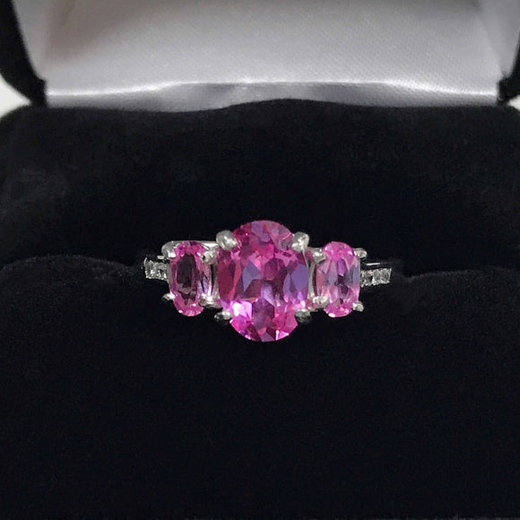 3ct Oval Cut Pink Sapphire Diamond Trilogy Engagement Ring 14k White Gold Finish