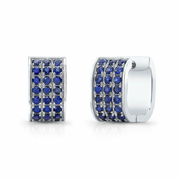 4Ct Round Cut Blue Sapphire Three Row Huggies Earrings Women 14K White Gold Over