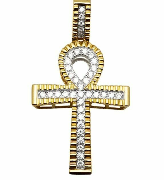 1.2ct Round Cut VVS1 Diamond Pendant Domed Ankh Cross Charm 14k Yellow Gold Over