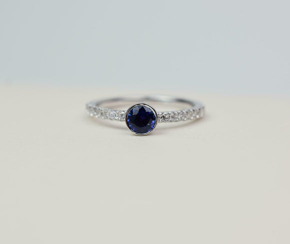 1.3ct Engagement Ring Round Blue Sapphire Accented Bezel Set 14k White Gold Over