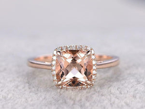 1.5ct Cushion Peach Morganite Engagement Ring 14k RoseGold Finish Halo Solitaire