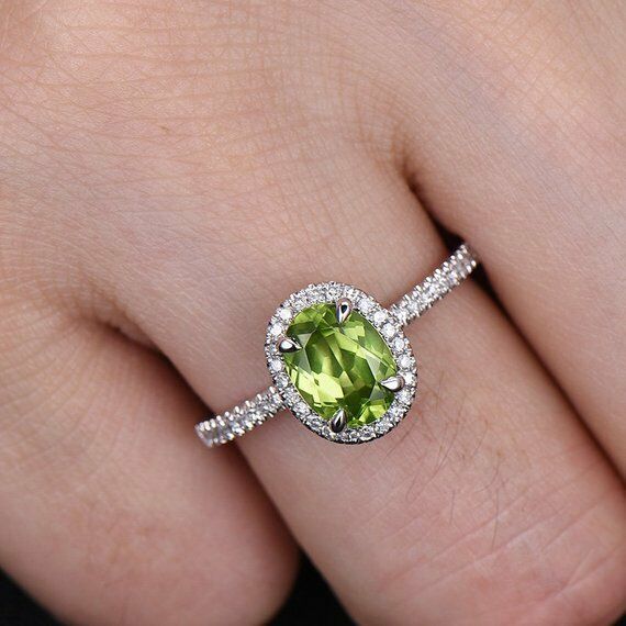 0.9Ct Oval Cut Green Peridot Halo Solitaire Engagement Ring 14K White Gold Over