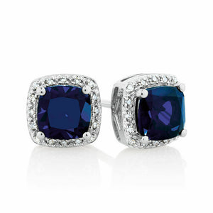 1.1ct Cushion Cut Blue Sapphire Halo Fancy Stud Earrings 14k White Gold Finish