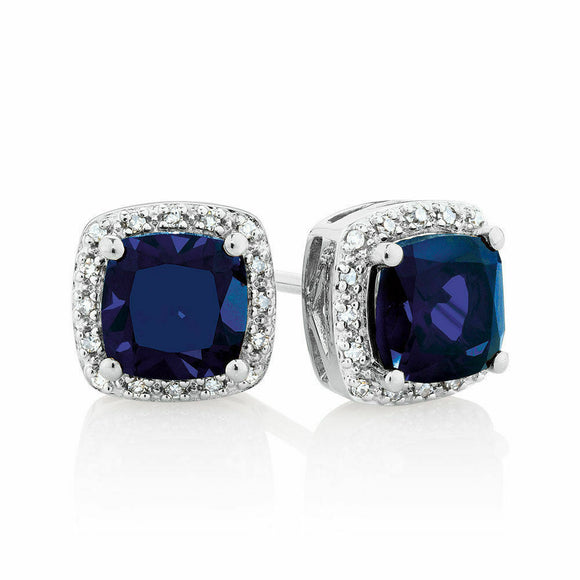 1.1ct Cushion Cut Blue Sapphire Halo Fancy Stud Earrings 14k White Gold Finish