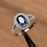 4Ct Oval Cut Blue Sapphire Split Band Halo Engagement Ring 14K White Gold Finish