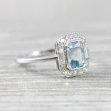 1ct Emerald Cut Blue Aquamarine Diamond Halo Engagement Ring 14k White Gold Over