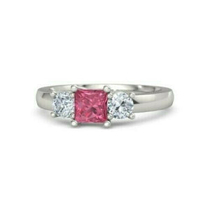 2Ct Princess Cut Pink Sapphire Diamond Accent Trilogy Ring 14K White Gold Finish