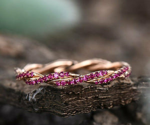 1ct Round Cut Pink Ruby Wedding Band Twisted Swirl Infinity 14k Rose Gold Finish