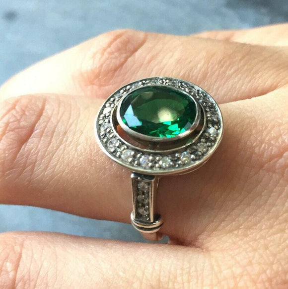 2.4ct Oval Cut Green Emerald Vintage Inspired Halo Ring 14k White Gold Finish