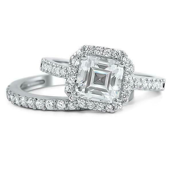 1.5ct Asscher Cut Diamond Engagement Ring Halo Bridal Set 14k White Gold Finish