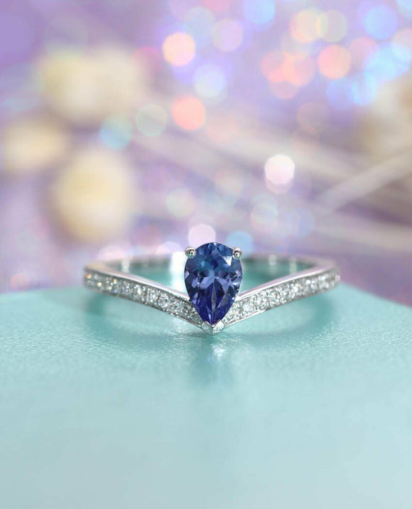 0.5ct Pear Cut Blue Sapphire Crown Unique Engagement Ring 14k White Gold Finish