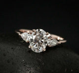 Pear Accents Trilogy Engagement Ring 2.1ct Oval Cut Diamond 14k Rose Gold Finish