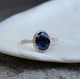 2.3ct Engagement Ring Oval Cut London Blue Topaz Diamond Halo 14k Rose Gold Over