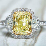 5Ct Radiant Cut Yellow Sapphire Iced Halo Engagement Ring 14K White Gold Finish