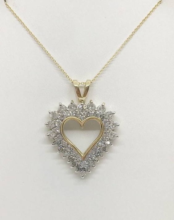 1.6ct Round Cut Diamond Pendant Chain Halo Heart Shape 14k Yellow Gold Finish