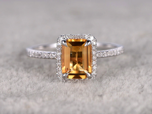 1.6ct Emerald Cut Yellow Citrine Halo Women Solitaire Ring 14k White Gold Finish