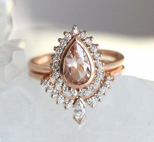 2.4ct Pear Cut Morganite Engagement Ring 14k Rose Gold Finish Curved Bridal Set