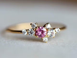 1ct Engagement Ring Round Cut Pink Sapphire Cluster Design 14k YellowGold Finish