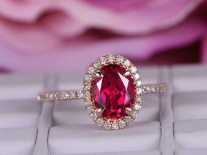 1.8ct Oval Cut Pink Ruby Engagement Ring Diamond Accent Halo 14k RoseGold Finish