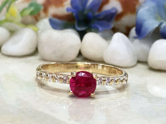 1.2ct Round Cut Pink Ruby Solitaire with Accent Ring 14k Yellow Gold Finish