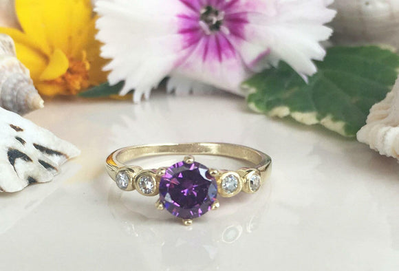 2ct Round Cut Purple Amethyst Five Stone Solitaire Ring 14k Yellow Gold Finish