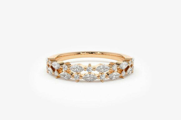 2.1ct Wedding Band Marquise Cut Diamond Dual Row Cluster 14k Rose Gold Finish