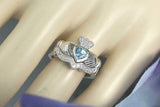 2ct Heart Cut Blue Topaz Engagement Ring Claddagh Bridal Set 14k White Gold Over