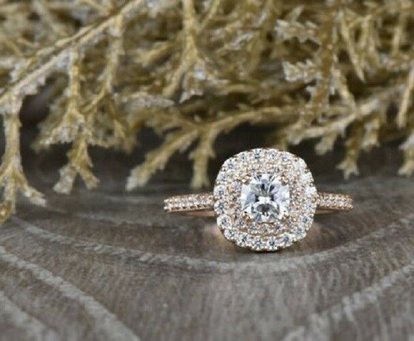 2ct Cushion Cut VVS1D Diamond Engagement Ring 14k Rose Gold Finish Double Halo