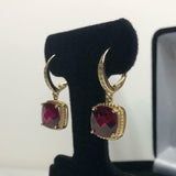 2ct Dangle Earrings Cushion Cut Ruby Ruby Diamond LeverBack 14k Yellow Gold Over