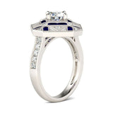 3Ct Round Cut Diamond Blue Sapphire Engagement Art Deco Ring 14K White Gold Over