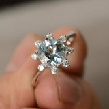 1.5ct Round Cut Blue Aquamarine Floral Engagement Ring 14k White Gold Finish