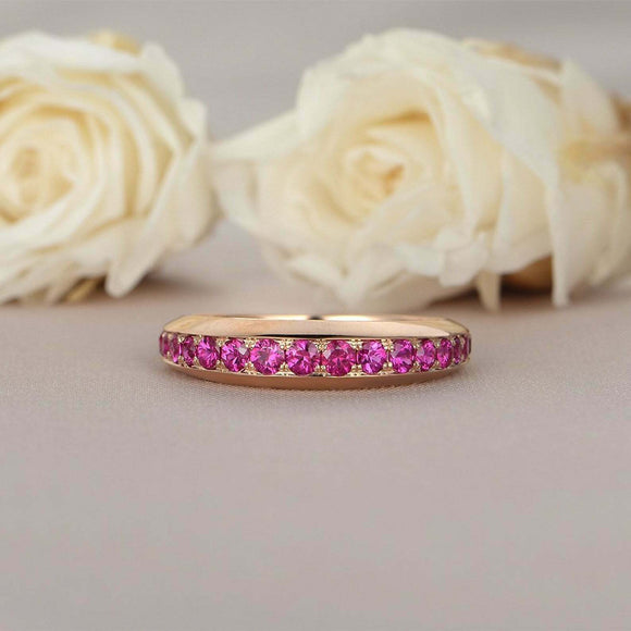 1.5ct Round Cut Pink Ruby Wedding Band 3/4th Full Eternity 14k Rose Gold Finish