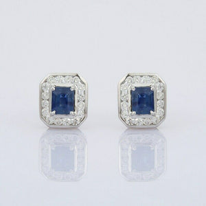 2.1ct Stud Earrings Emerald Cut Blue Sapphire Diamond Halo 14k White Gold Finish