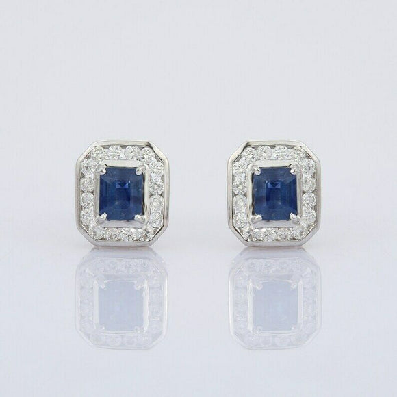 2.1ct Stud Earrings Emerald Cut Blue Sapphire Diamond Halo 14k White Gold Finish