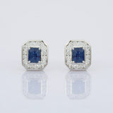 2.1ct Stud Earrings Emerald Cut Blue Sapphire Diamond Halo 14k White Gold Finish