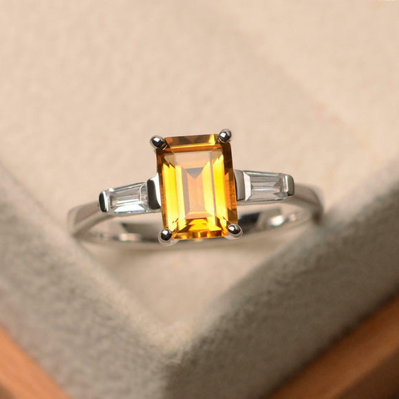 2ct Emerald Cut Yellow Citrine Engagement Ring Three Stone 14k White Gold Finish