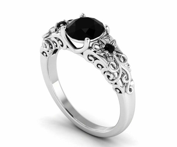 Floral Filigree Solitaire Ring 1.6ct Round Cut Black Diamond 14k White Gold Over