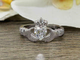 1ct Heart Cut VVS1 Diamond Engagement Ring Claddagh Design 14k White Gold Finish