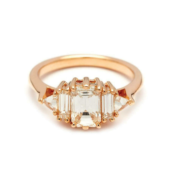 2ct Emerald Diamond 5 Stone Solitaire with Accent Stylish Ring 14k RoseGold Over