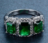 4Ct Radiant Cut Green Emerald Trilogy Halo Engagement Ring 14K White Gold Finish