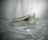 2.5ct Emerald Cut Yellow Sapphire Trilogy Engagement Ring 14k White Gold Finish